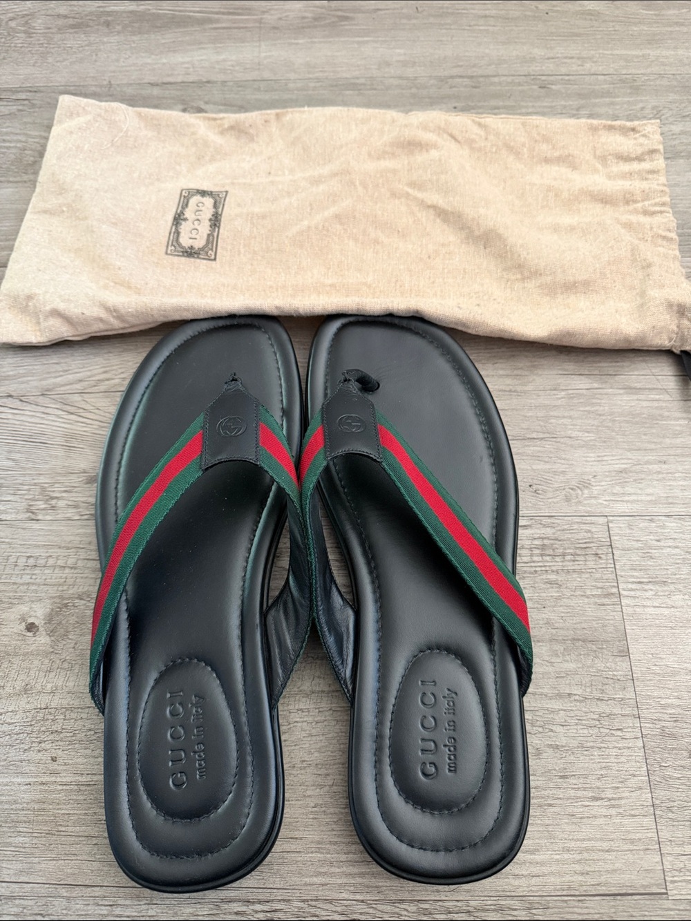 Gucci Black Leather Flip Flops with Green and Red Web Stripe